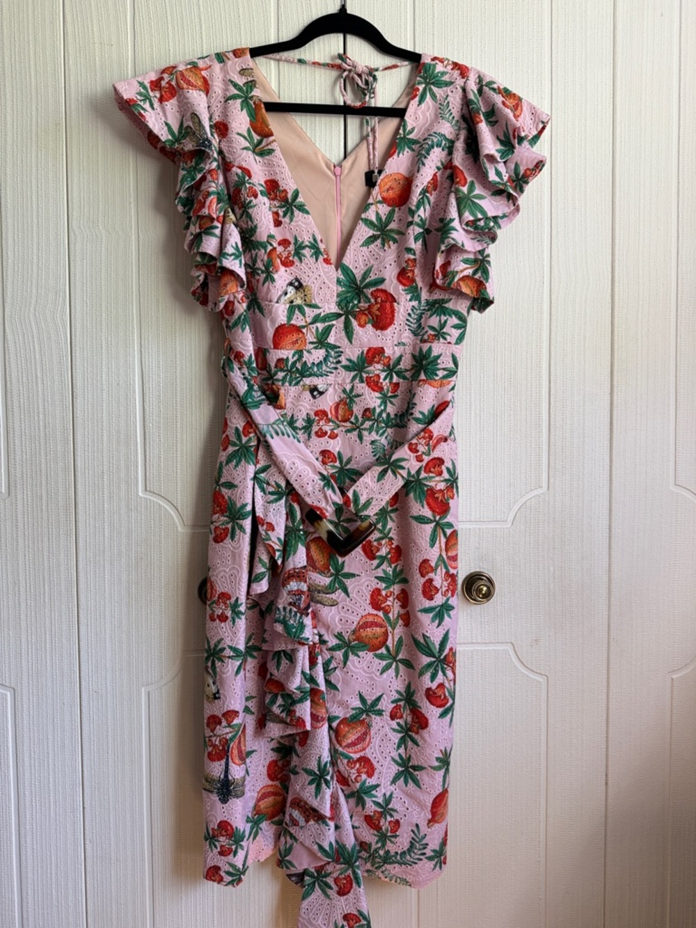 PatBO RARE print Pomegranate Butterfly Eyelet Print Ruffle Belted Midi dress